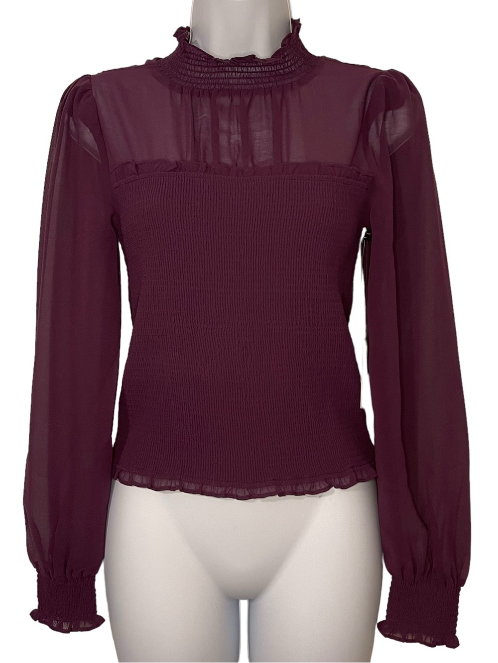 1. State Plum Sheer Yoke Smocked Long-Sleeve Blouse